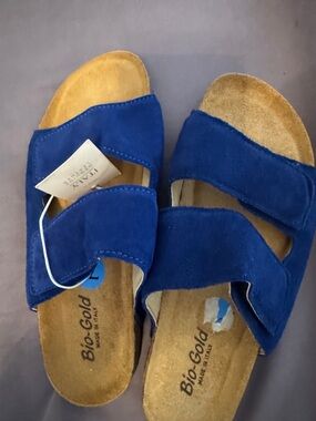 Bio-Gold Women's Royal Blue Suede Slide Sandals with Dual Straps